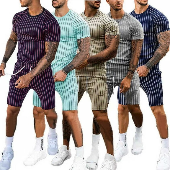UVEASISHA Mens Athletic Shorts Set,Tracksuits Outfit for Men Striped Print 2 Piece Outfits Summer Short Sleeve Muscle Gym Workout Sets 2025 Casual Sweatsuit Clearance Sales Today