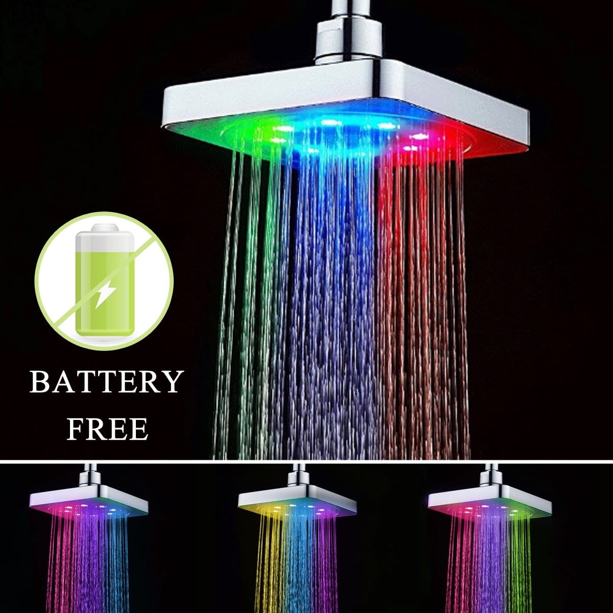 7 Colors LED Rain Shower Head Brushed Bathroom Square Top Sprayer