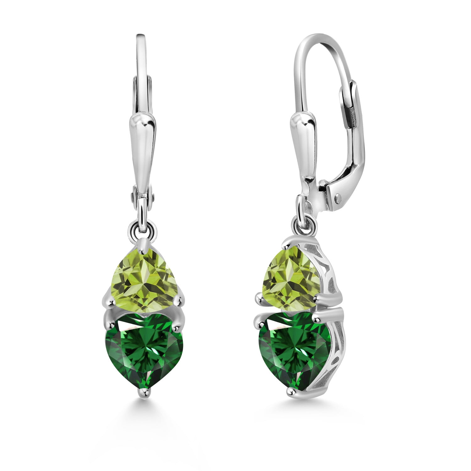 Gem Stone King 925 Sterling Silver Green Nano Emerald and Green Peridot Dangle Leverback Earrings for Women (2.36 Cttw, Gemstone May Birthstone, Heart Shape 6MM, Trillion 5MM)