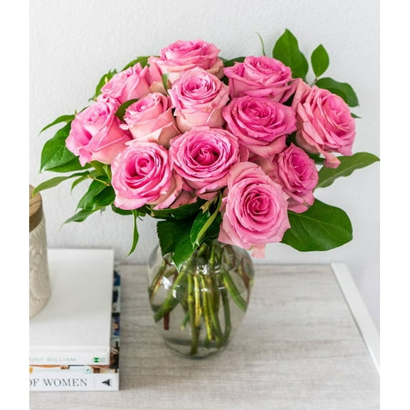 From You Flowers - One Dozen Light Pink Long Stem Roses in a Clear Glass Vase for Birthday, Anniversary, Get Well, Congratulations, Thank You, All Occasions