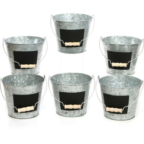 Elegant Expressions by Hosley Silver Solid Print 6 inch High, Galvanized Metal Bucket Pails with Chalkboard, Set of 6