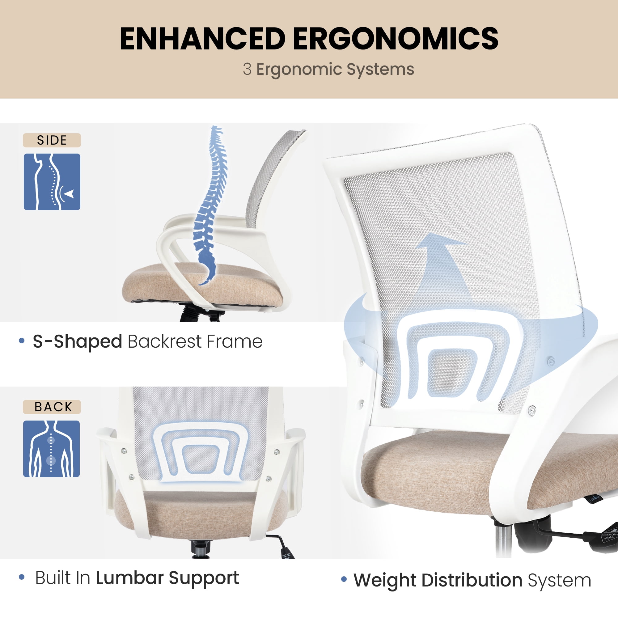 CELTOSS Office Chair, Adjustable Height, Ergonomic Lumbar Support and Armrests for Adults, Beige