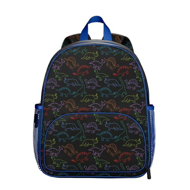 Hand-drawn Cartoon Dino Student Backpack – Colorful Roaring Dinosaur Print with Forest, Stars, and Artistic Watercolor Style