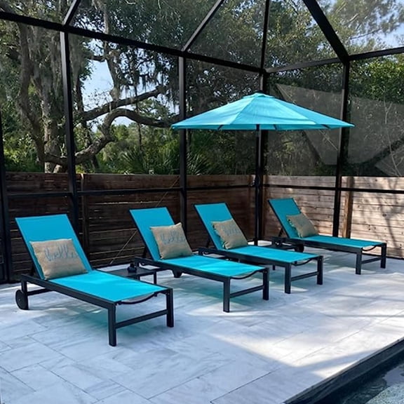 PURPLE LEAF Outdoor Chaise Lounge with Wheels for Outside 2 Pieces Aluminum Patio Lounge Chair with 5 Adjustable Position Recliner for Patio, Beach, Yard, Pool, Side Table Included, Turquoise Blue