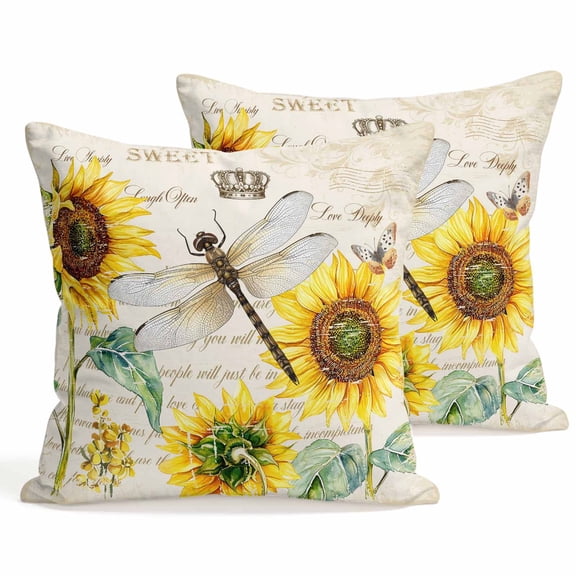 Throw Pillow Covers 18x18 Inch Set of 2 Summer Sunflower Decorative Pillows Cushion Case Soft Square Pillowcases Crown Dragonfly Bohemian Throw Pillows for Couch Sofa Bed Chair Home Decor