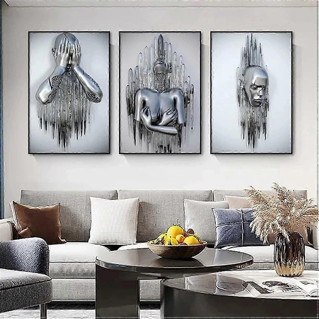 Art Modern Poster Set of 3 - 3D Metal Figure Statue Art Love Heart Kiss Pictures Wall Art Decoration - Without Frame - Wall Decoration Wall Living Roo