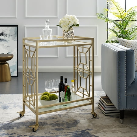 Patient Tray Cart - Reena White/ Gold Bar Cart Serving Tray - 2 Tempered-Glass Shelves | Casters/ 2 Locking | Storage