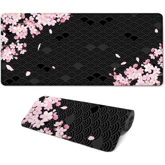 Gaming Mouse Pad with Anti-Slip Rubber Base, Extended Large Computer Mouse Mat with Stitched Edges, Long XL Anime Mousepad for Laptop and Keyboard, 31.5 x 11.8 inch (Black Cherry Blssom)