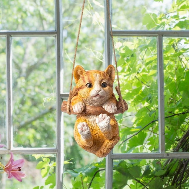 Estatua de gato columpio colgante de resina CUTICAT Escultura de gato al aire libre naranja