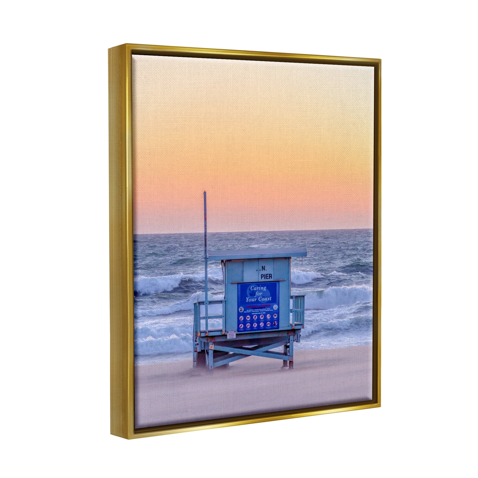 Stupell Industries Tranquil Orange Sunset Beach Hut Ocean Shore Photograph Metallic Gold Floating Framed Canvas Print Wall Art, Design by Jeff Poe