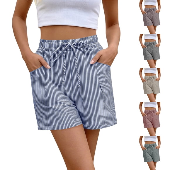 Brqkzdu Shorts Rayés pour Femmes Taille Élastique Cordon de Serrage Shorts de Détente Jambe Droite Shorts de Détente d'Été Confortables avec Poches
