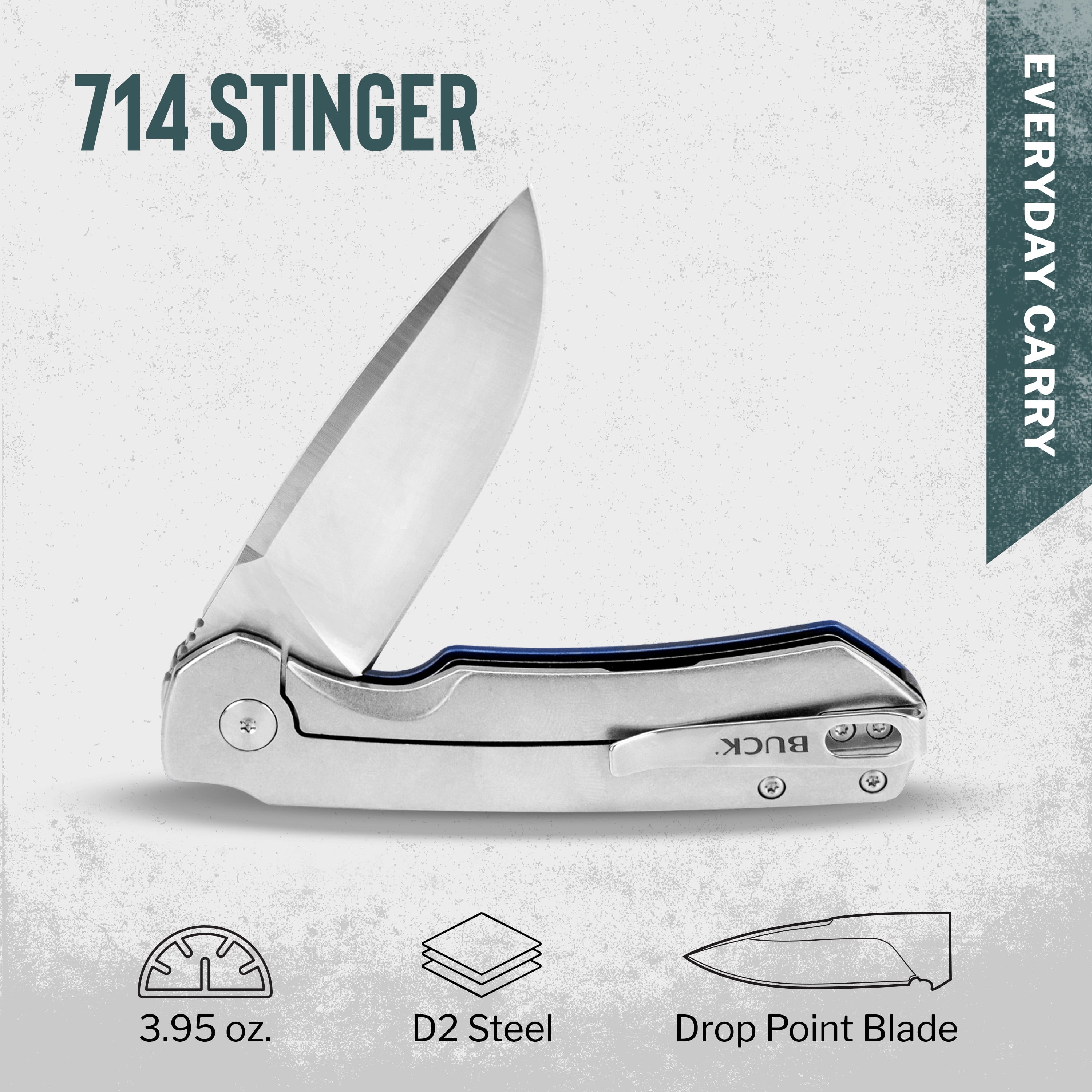 Buck Knives 714 Stinger Folding Pocket Knife, EDC Knife, 3” Drop Point Blade, Blue, 3.95 oz