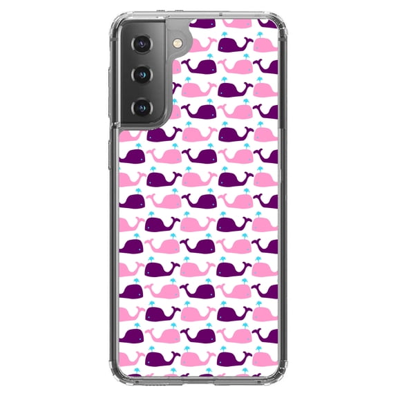 DistinctInk Clear Shockproof Hybrid Case for Galaxy S21 5G (6.2" Screen) - TPU Bumper, Acrylic Back, Tempered Glass Screen Protector - Purple Pink Cartoon Whales - Cartoon Whales