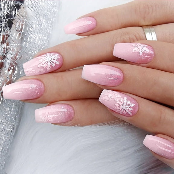 Aellinatey 24Pcs Long Acrylic Nails with Snowflake Accents for Christmas Press On Nail