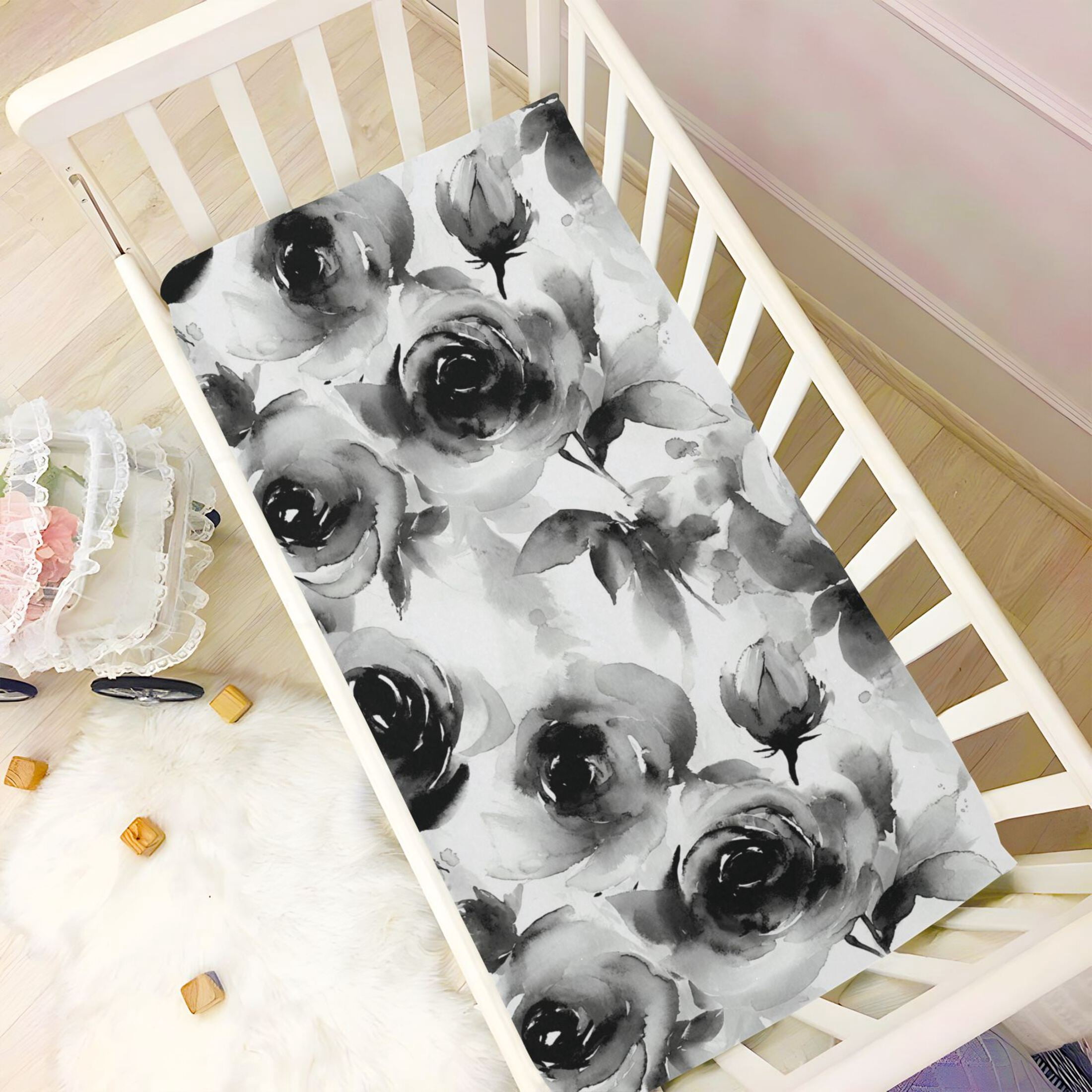 Baby Essentials 52”x 28”- Standard Cotton-like Modal Elastic- Ink Rose Design Crib Sheets for Newborns and Toddlers