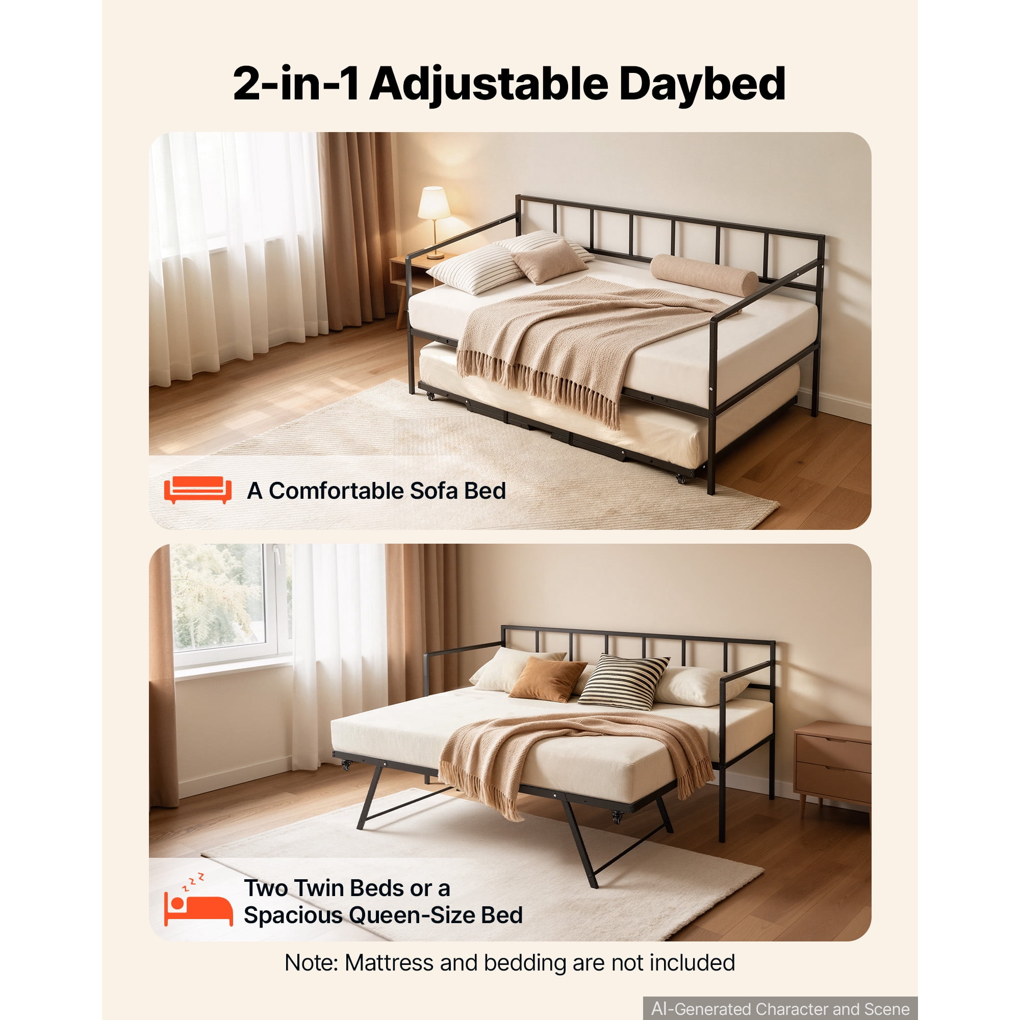 KFFKFF Twin Daybed with Pop-Up Trundle Metal Frame, Ideal for Living Room, Bedroom, or Guest Room, Space-Saving Design, Durable Metal Construction, Lockable Wheels, Simple Assembly, Black