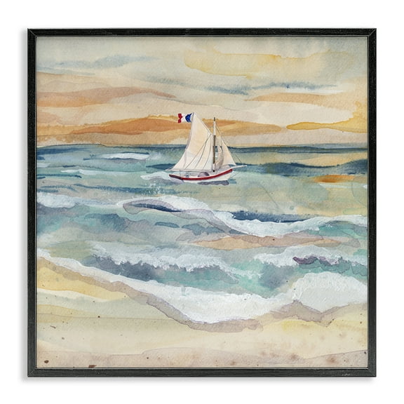 Stupell Industries Watercolor Boat Beach View Transportation Painting Black Framed Art Print Wall Art, 12 x 12