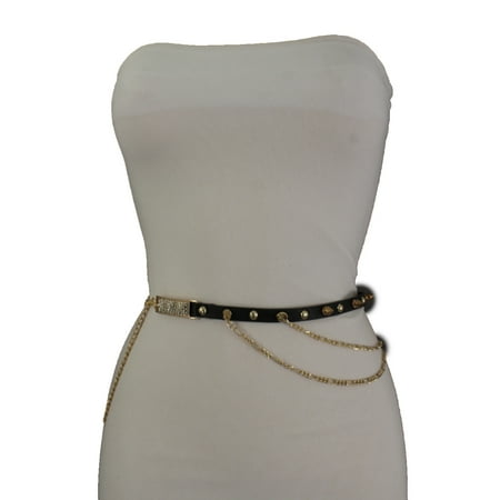 - Trendy Women Faux Leather Black Fashion Belt Gold Metal Spikes Charms Chains S M