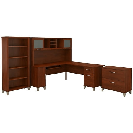 UPC: 0042976081836 | Bush Furniture 72W L Shaped Desk w/Hutch Lateral File Cabinet and Bookcase Cherry SET012HC