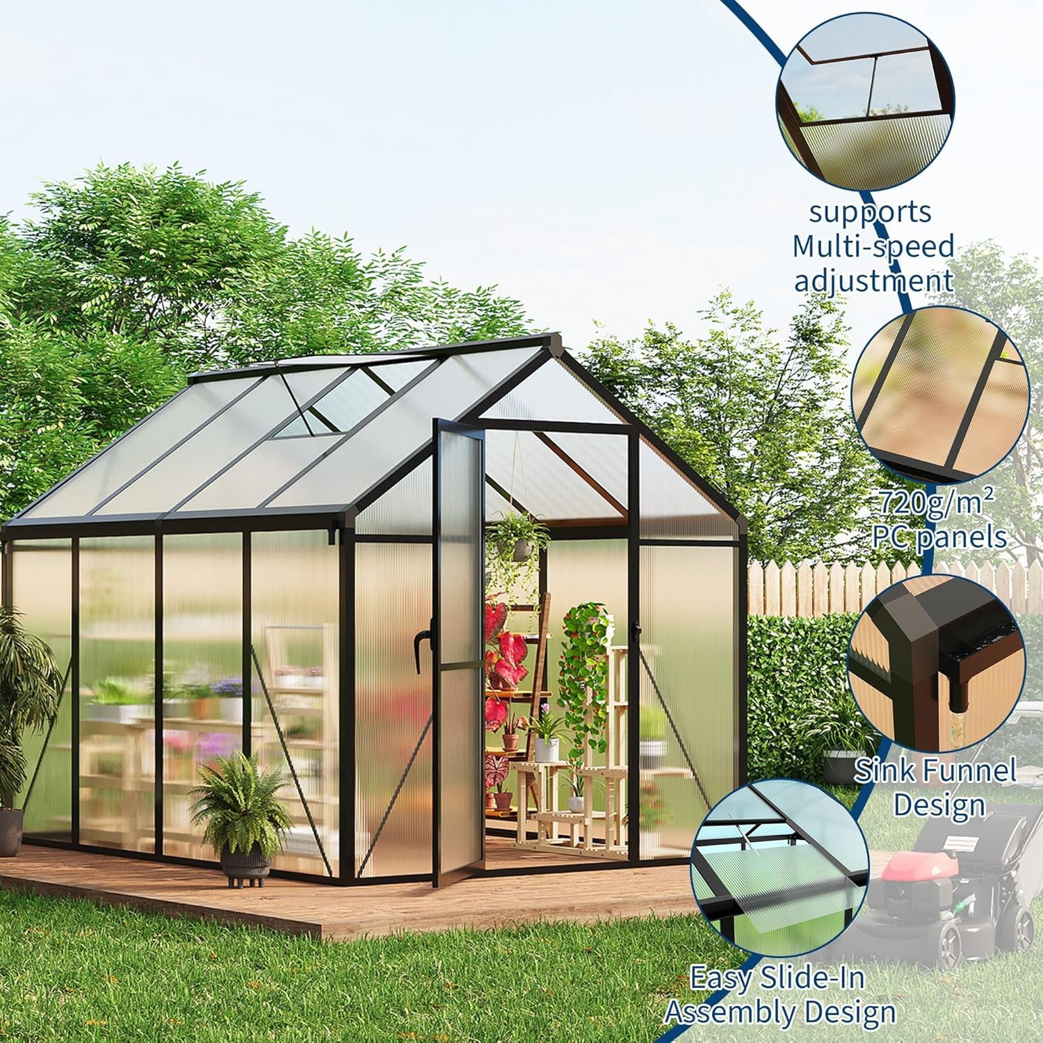 Lumiparty 6x8 ft Polycarbonate Walk-in Greenhouse, Aluminum Frame, Lockable Door, Roof Vent, Outdoor Garden Backyard Patio