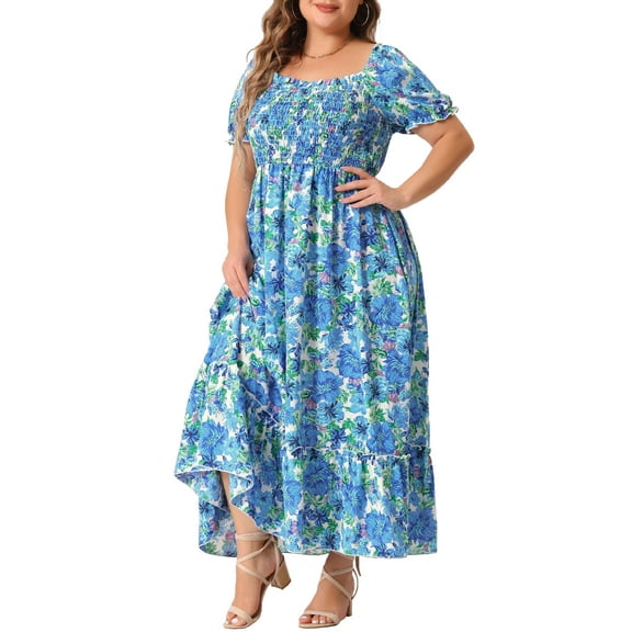 DARING DIVA Plus Size Short Sleeve Square Neck Maxi Floral Dress 1X Blue