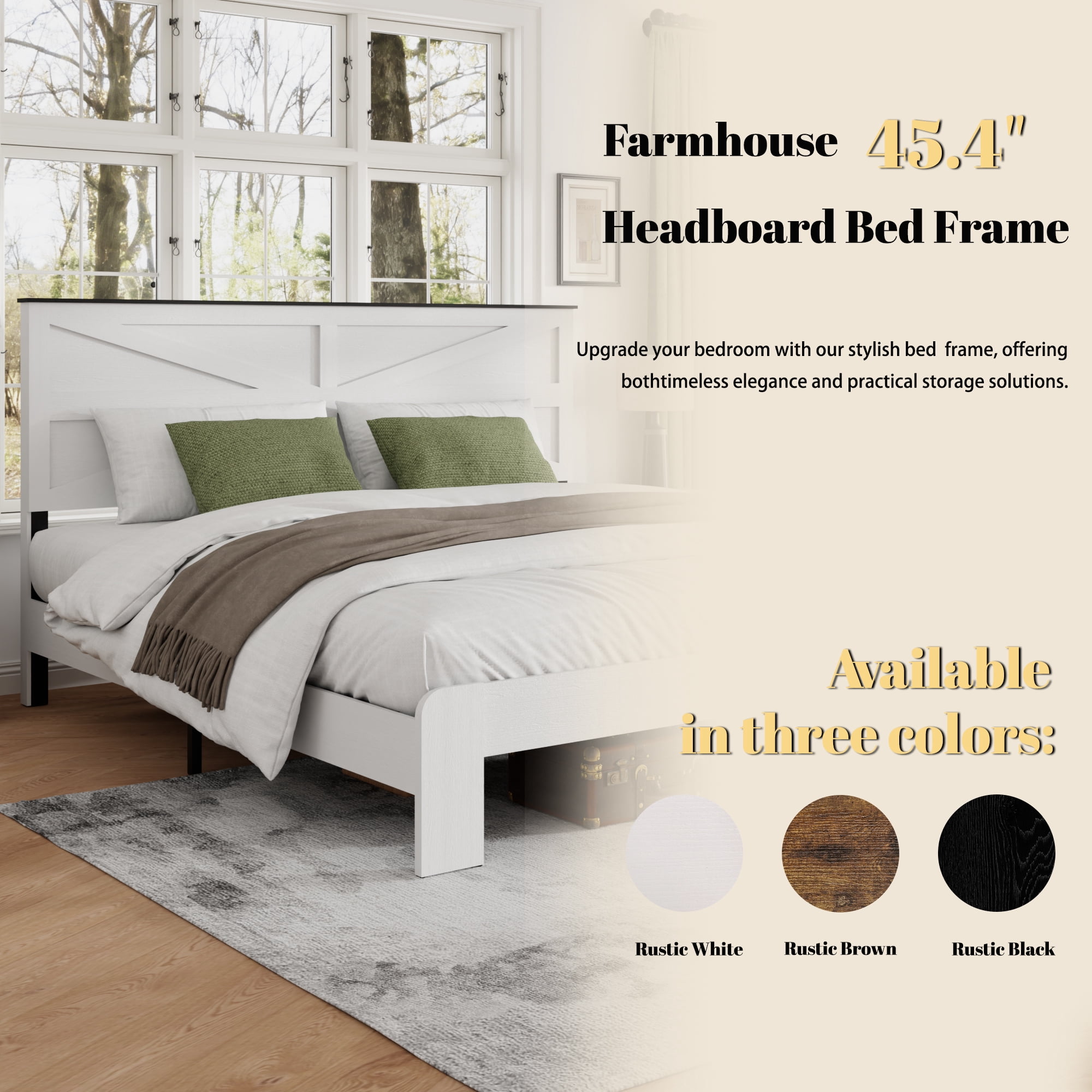 King Size Farmhouse Wooden Bed Frame with Headboard, Boho Platform Bedframe Sturdy Metal Slats Support, No Spring Mattress, Noisy Free, Easy Assembly (King, White)