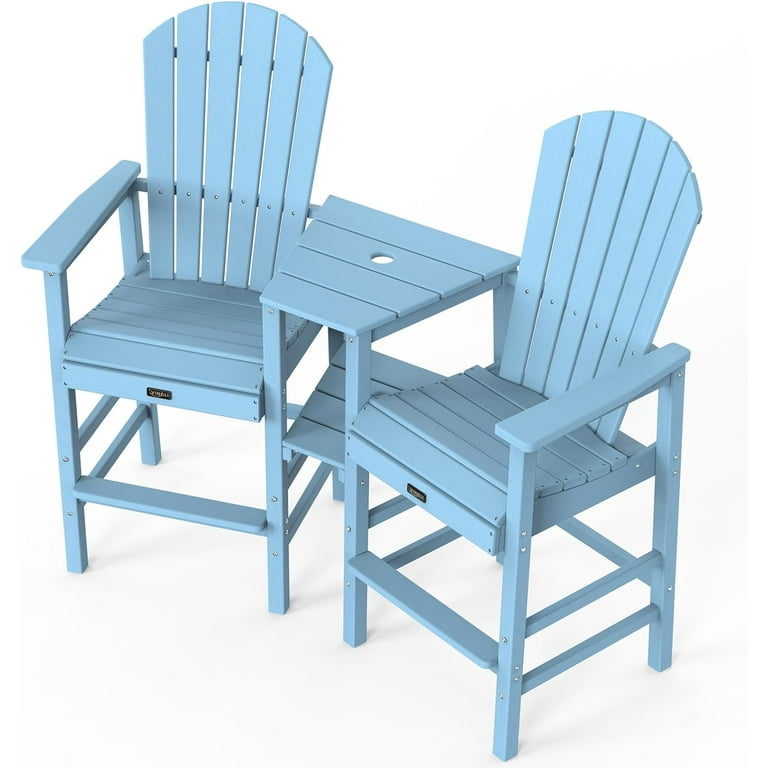 VINGLI Set Of 2 Tall Adirondack Chairs With Double Connecting Tray – White HDPE Weather Resistant Outdoor Bar Stools For Patio, Deck, Pool