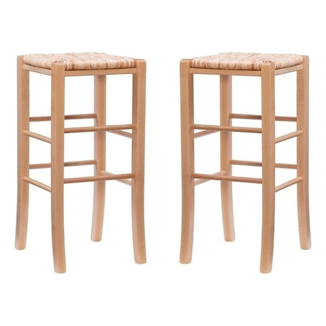 Linon Backless Set of Two 29" Barstools Handwoven Seat in Natural Stained Wood