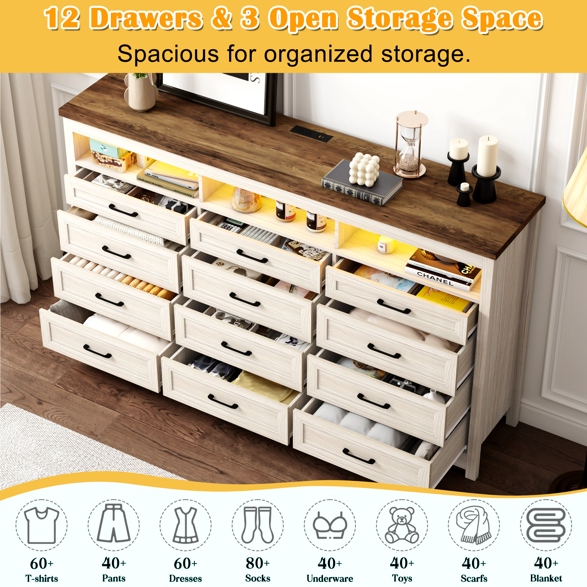 ANPOO 71" Large Farmhouse 12 Drawers Dresser with LED Lights & Power Outlet, 41" Tall Chest of Drawers with Storage Organizer/60000 Colors Light, Modern Wood Dresser for Bedroom, Living Room, Hallway