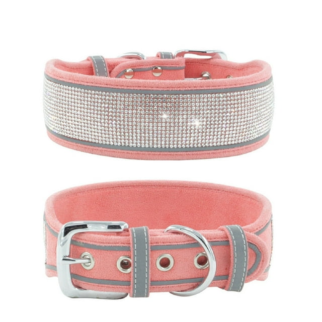 NAOJIE Rhinestone Dog Collar,Dazzling Sparkling Soft Suede Reflective Large Dog Collar Crystal Diamond Collar for Medium & Large Dogs-Pink-S