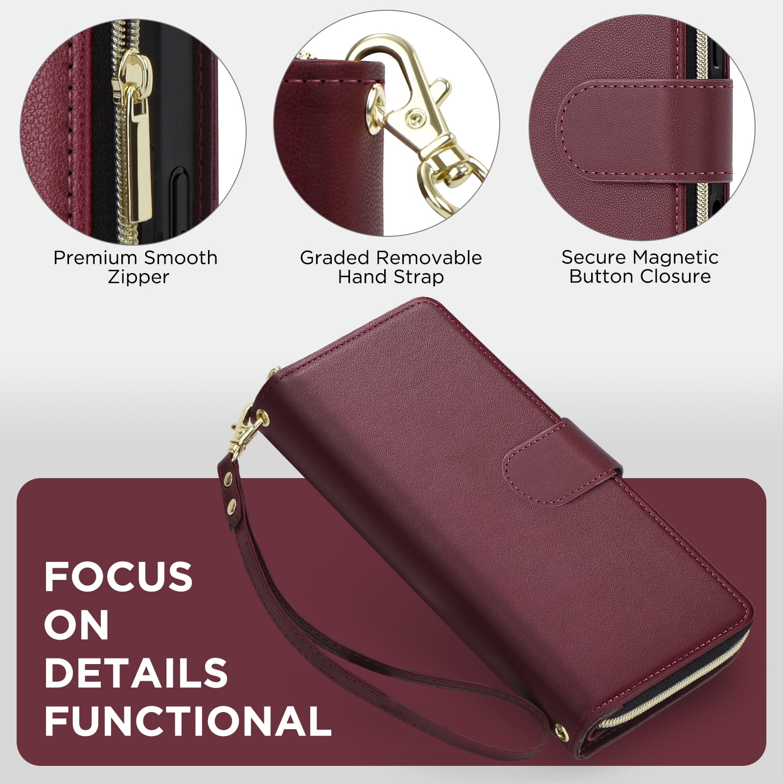 for Samsung Galaxy S23 Crossbody Wallet Case with 9 Card Holders, Cash Slot, Photo Slot, Zipper Pocket PU Leather Magnetic Snap Wallet Phone Case with Flip Stand & Wrist Strap & Lanyard, Winered