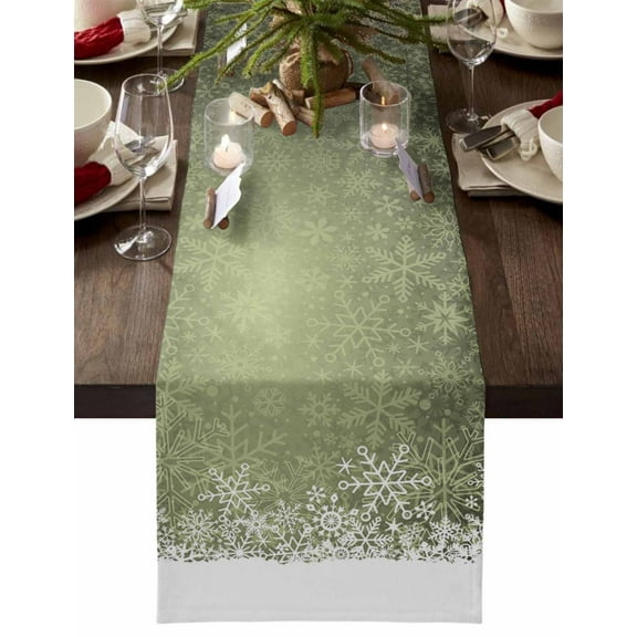 Christmas Table Runner Sage Green Snowflakes Table Runners Winter Snow Cotton Linen Dresser Scarf Kitchen Dining Table Decor for Christmas Holiday Party Decor 13x90 Inch