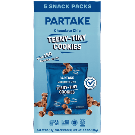 Partake Teeny Tiny Chocolate Chip Cookies, Vegan & Gluten-Free, Shelf-Stable, Baked, 0.67oz, 5 pack