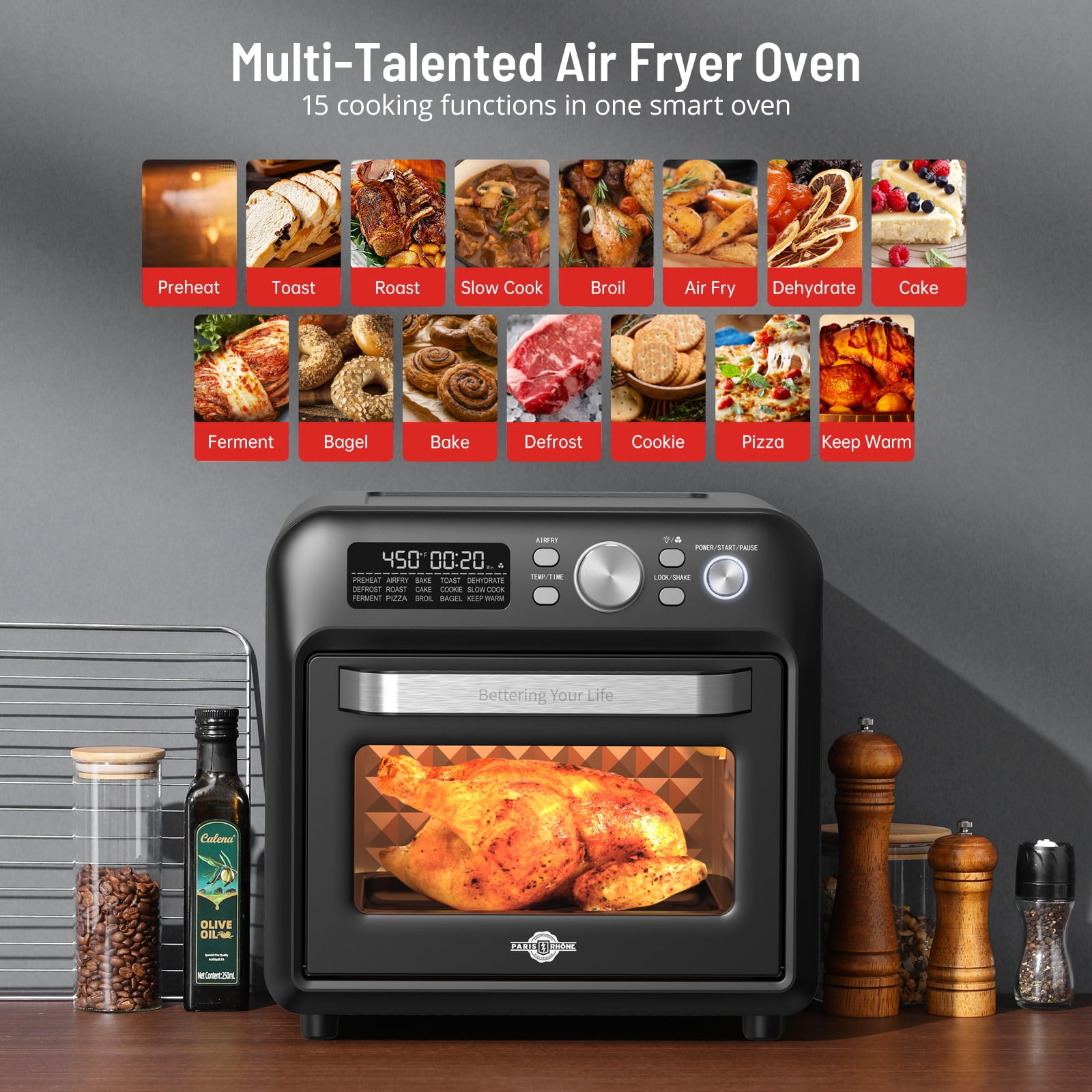 Air Fryer Oven, 15-in-1 Family-Sized Toaster Oven, 19 QT Convection Oven