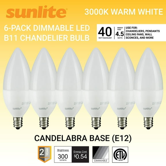 Sunlite LED B11 Frosted Torpedo Tip Chandelier Light Bulb, 4.5 Watts (40W Equivalent), Candelabra E12 Base, Dimmable, 3000K Warm White, 6 Pack