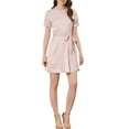 thumbnail image 2 of INSPIRE CHIC Women's Ruffle Neck Stand Collar Tie Waist Satin Puff Short Sleeve Dresses, 2 of 6
