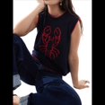 thumbnail image 2 of Suéter Sin Mangas con Estampado Gráfico Y2K para Mujer, Jersey de Langosta, Cuello Redondo, Ligero, de Punto, para Otoño. Azul Oscuro XL, 2 of 8