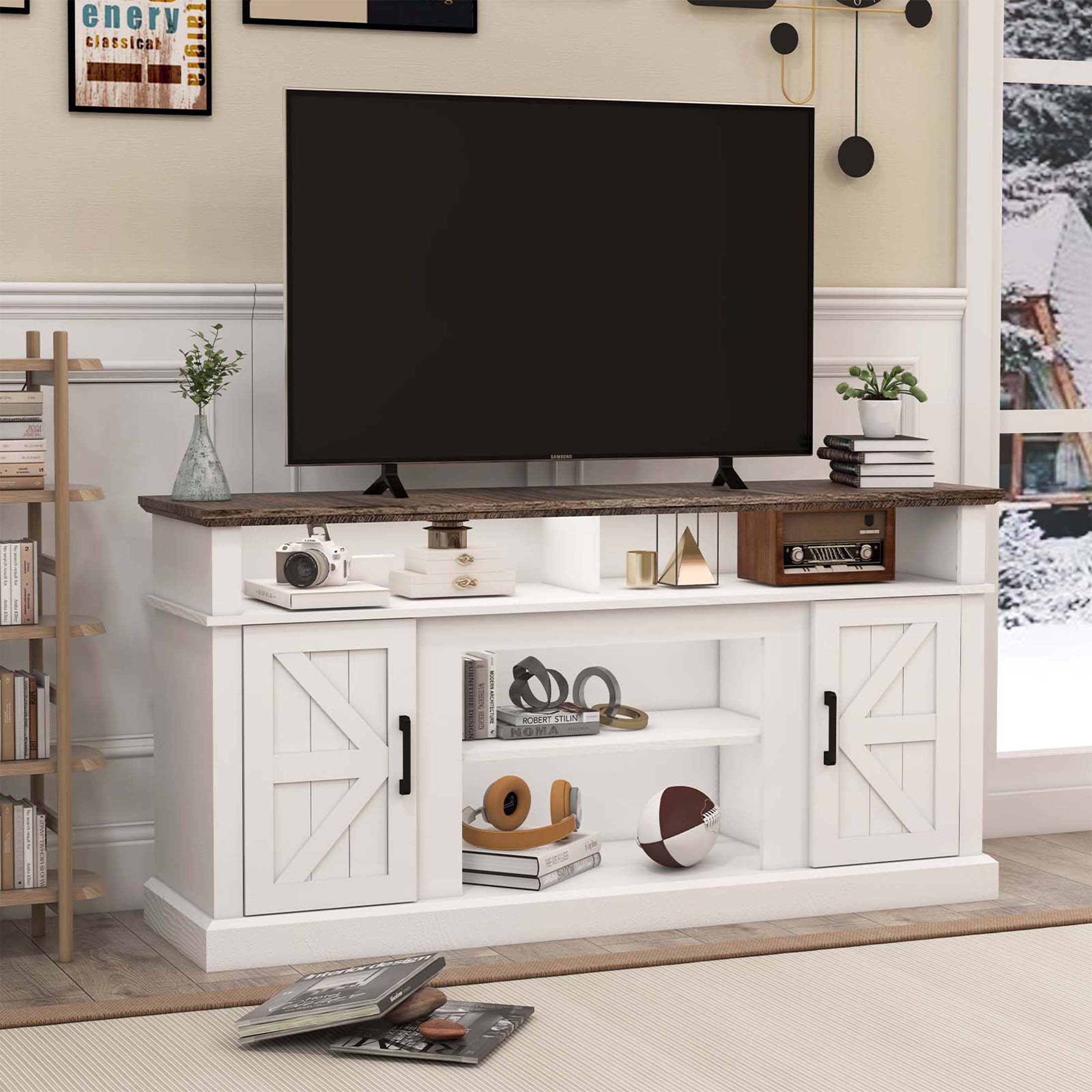 Luban Nese TV Stand for 65 Inch TV, Entertainment Center with Storage Cabinets and Barn Doors, Mid Century Modern Media TV Console Table for Living Room Bedroom (58" White)