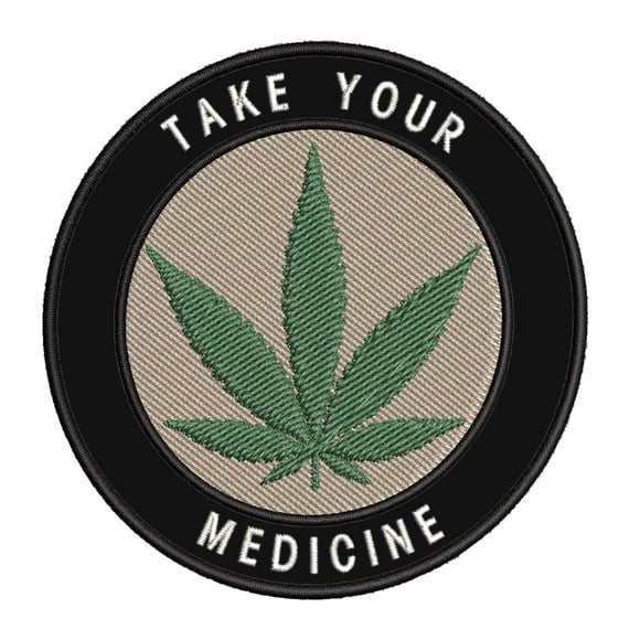 Take Your Medicine Leaf Embroidered Premium Patch DIY Iron/Sew-on Decorative Vacation Souvenir Travel Appliques Retro Vintage 1970's Peace Weed Love Heart Dove Surf Music Festival Karma Hippie Van