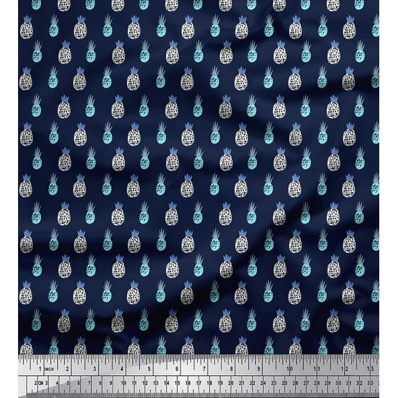 Soimoi Blue Rayon Fabric Brush Stroke & Pine Fruits Printed Craft Fabric by the Yard 42 Inch Wide
