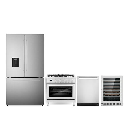 4 Piece Kitchen Package with 36  Freestanding Gas Range 24  Built-in Fully Integrated Dishwasher French Door Refrigerator & 48 Bottle Freestanding Wine Refrigerator