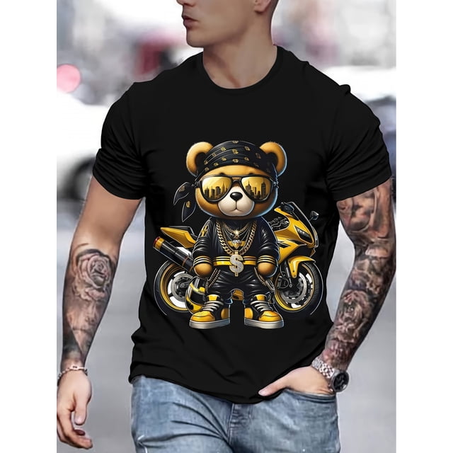 Camiseta de moda con estampado 3D para hombre, cuello redondo informal, tejido de punto de poliéster, corte regular con detalle estampado.