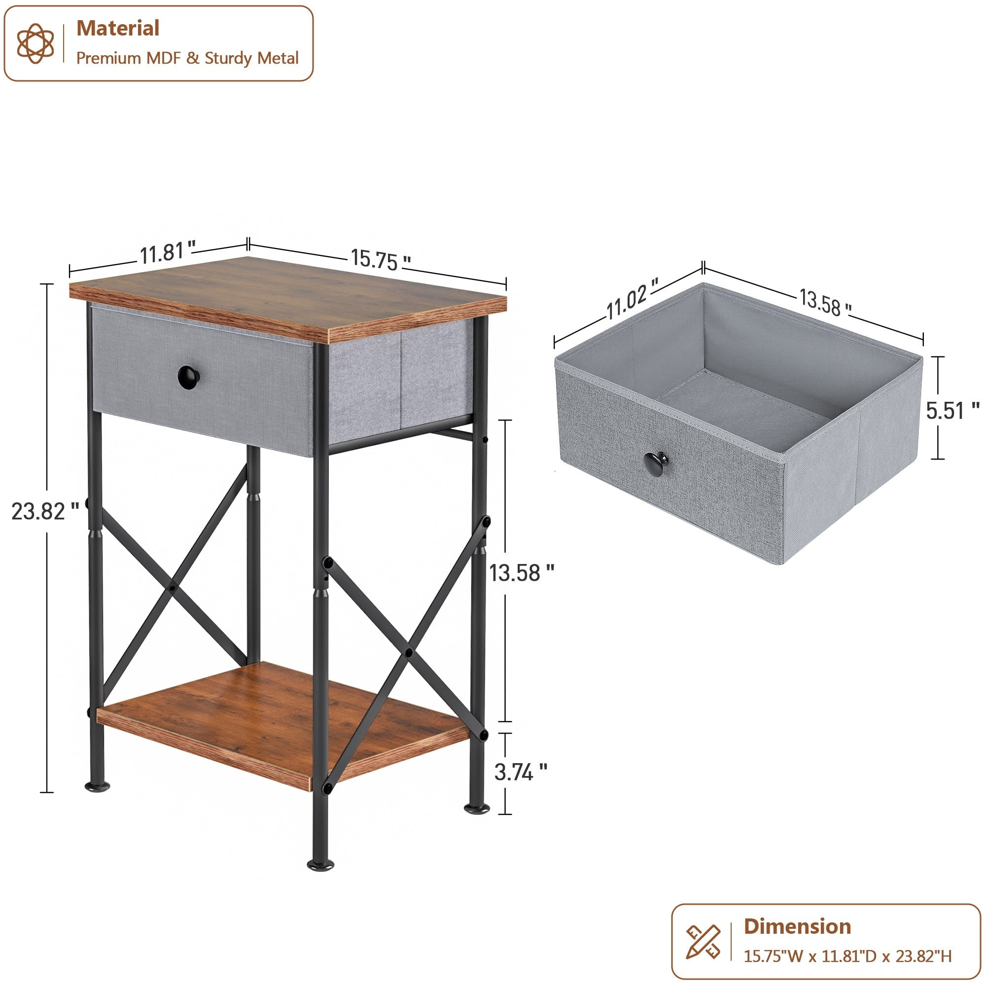 VECELO Nightstands X-Design Side End Table with Detachable Drawer, Wooden Nightstands Storage Shelf for Living Room, Bedroom, Set of 2, Brown