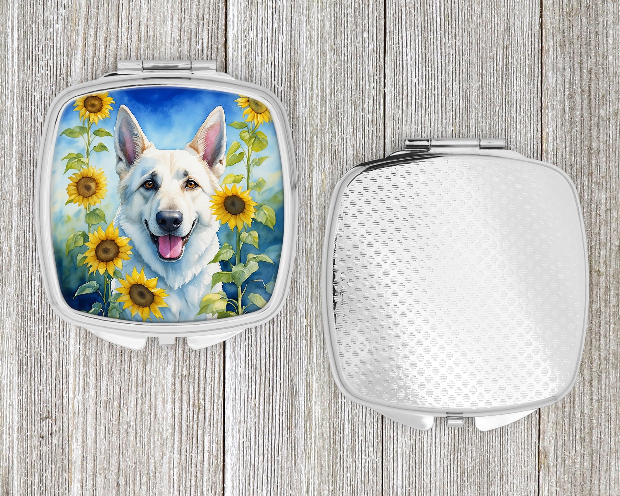 White German Shepherd in Sunflowers Compact Mirror 2.75 in x 3 in