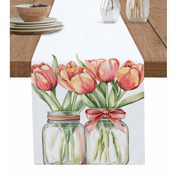 Tulips Flower Red Table Runner 36 Inches, Spring Watercolor Floral Leaf in Vase Bed Runner Dresser Scarves Tabletop for Indoor Outdoor Parties/Ceremony/Banquet, 13"x 36"