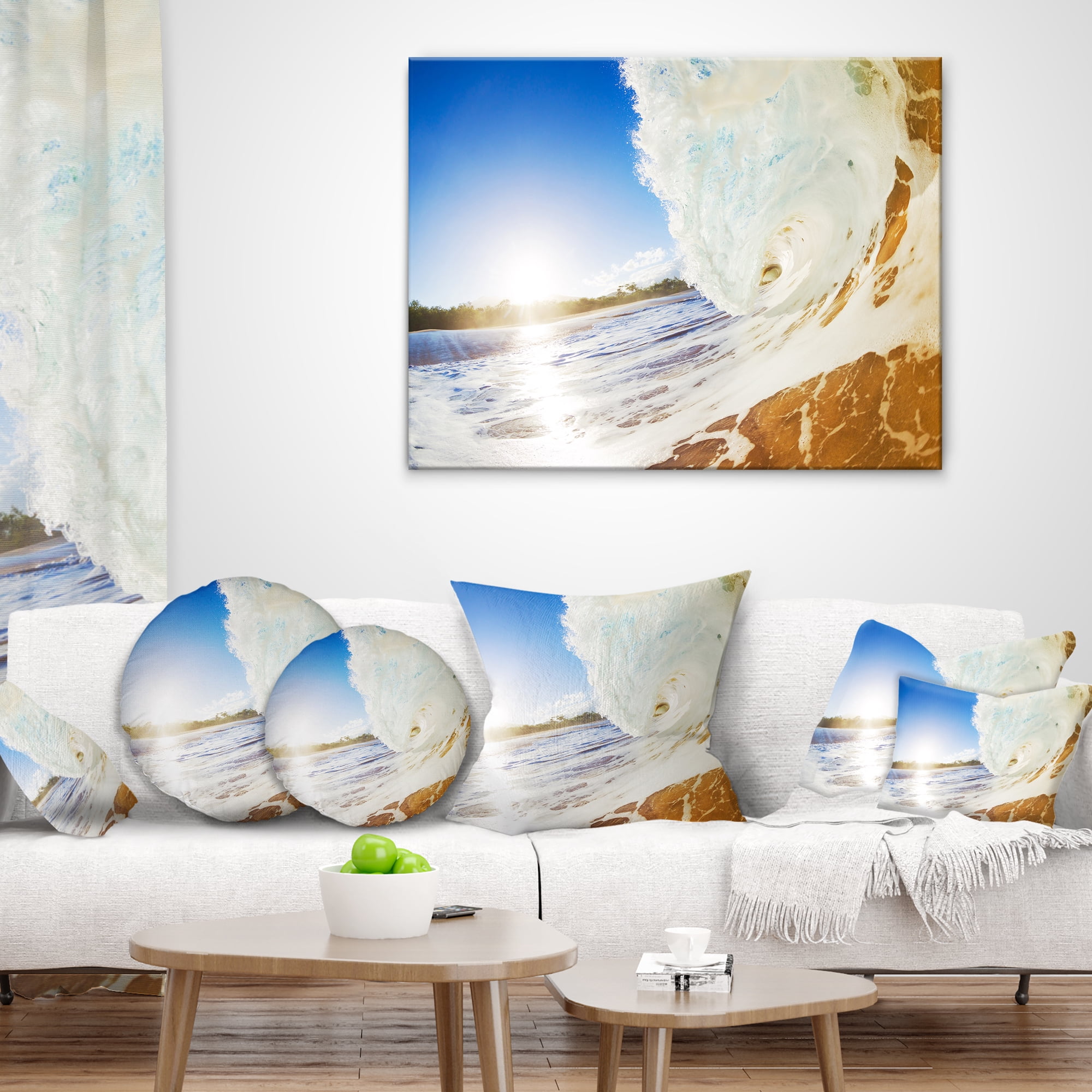Designart Crashing Sandy Ocean Waves - Modern Beach Throw Pillow - 18x18