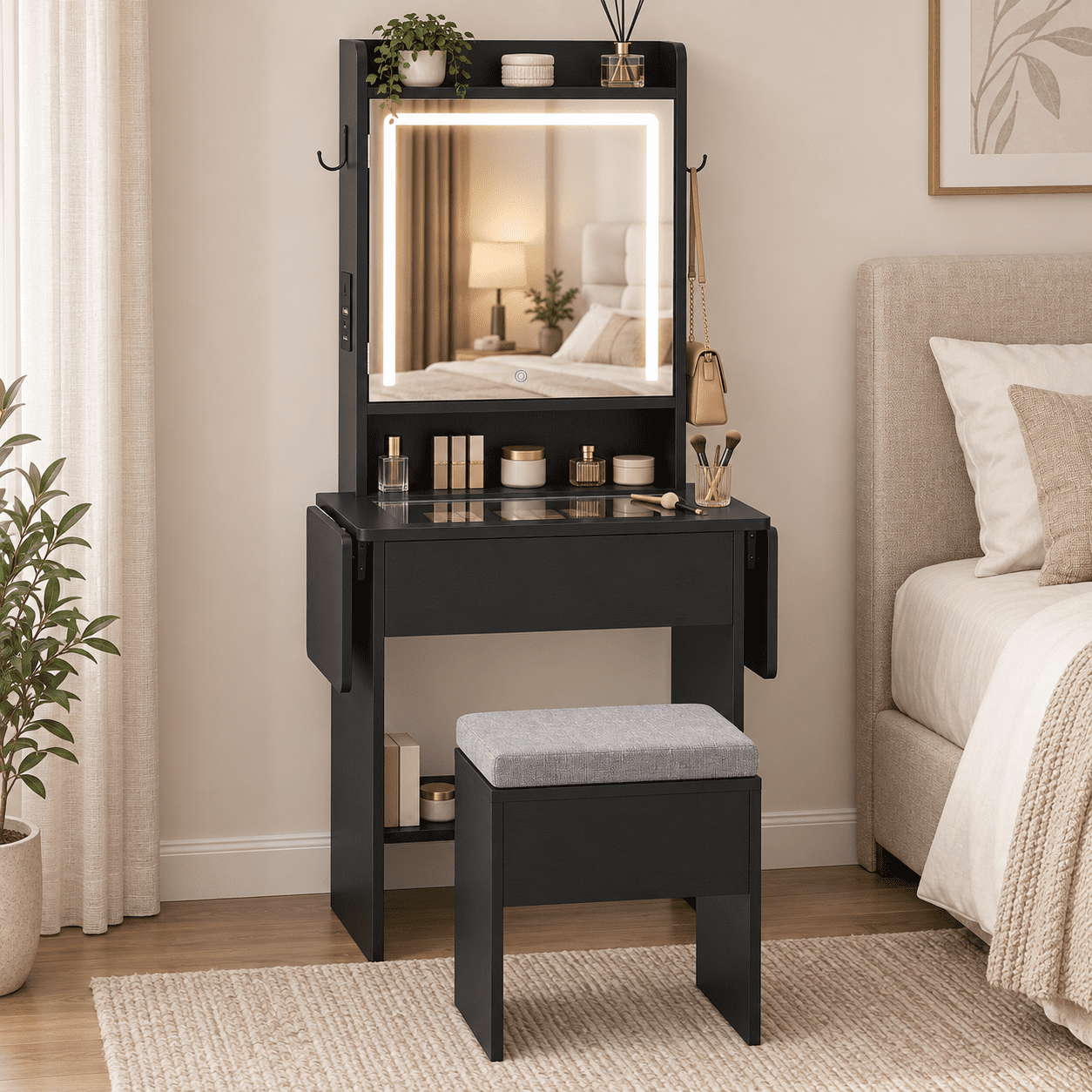Furnibear Space-Saving Vanity Desk with Mirror and Lights, Foldable Makeup Vanity Table and Storage Stool with Charging Station for Bedroom, Black