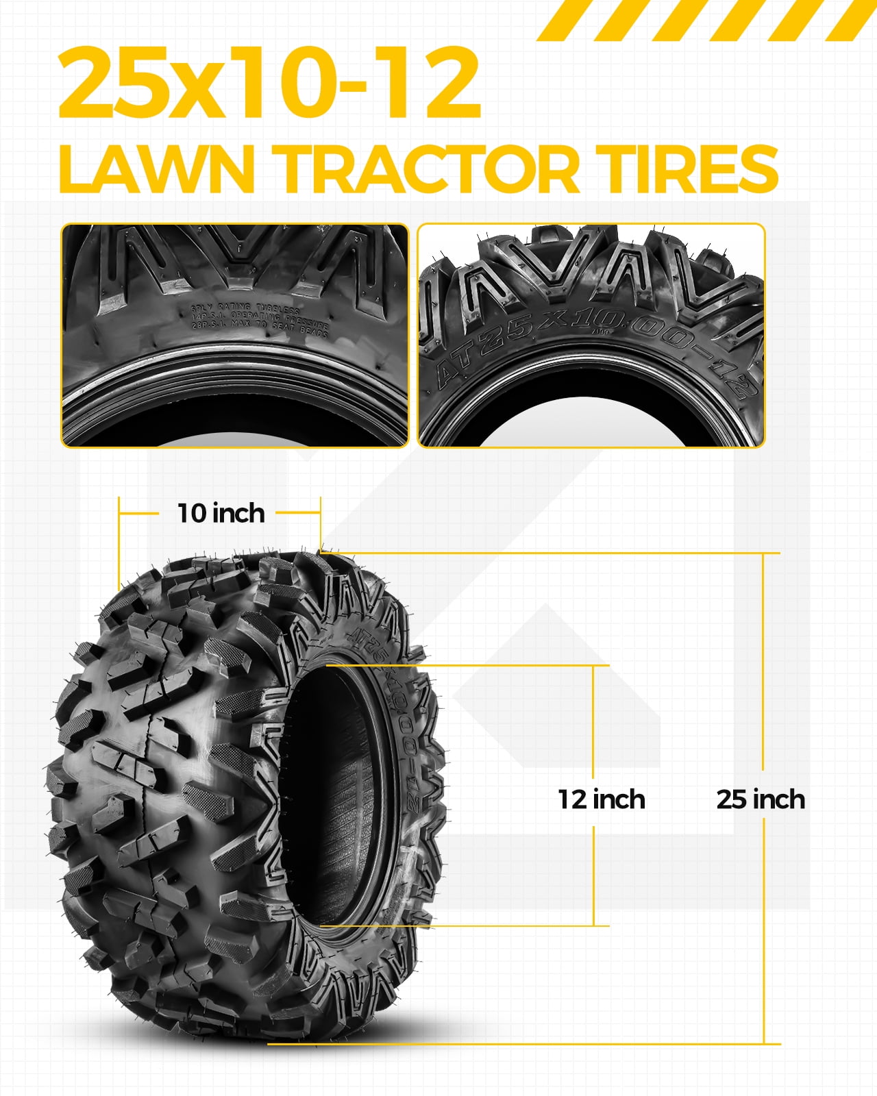 25x10-12 ATV Tire, 25x10-12 6 -Ply Off-Road Tire for All-Terrain ATV/UTV, 2 Pack