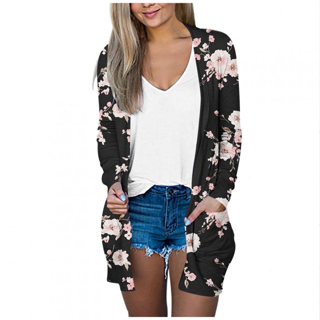 Mujeres de Manga Larga Tops de Impresión Casual Blusa de Bolsillo Cardigan Algodón Poliéster, Moda Señoras Top para el Uso Diario Y Casual de Primavera
