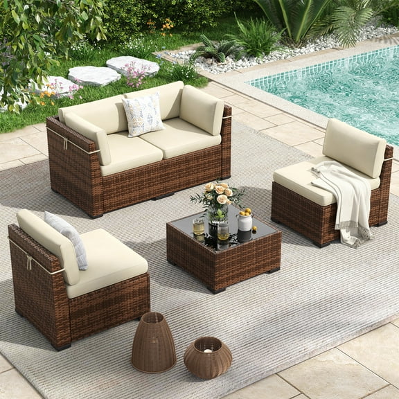 Poteban 5 Pieces Outdoor Sectional Sofa Set , PE Wicker Rattan Slanted Back Outdoor Conversation with Cushions and Glass Coffee Table for Backyard Garden, Khaki
